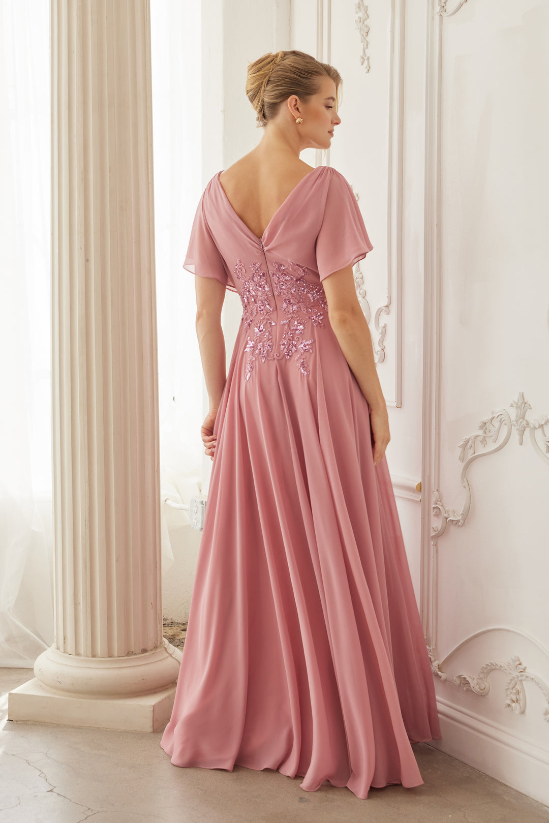 Chiffon Short Sleeve A-line Gown by Nox Anabel ME152