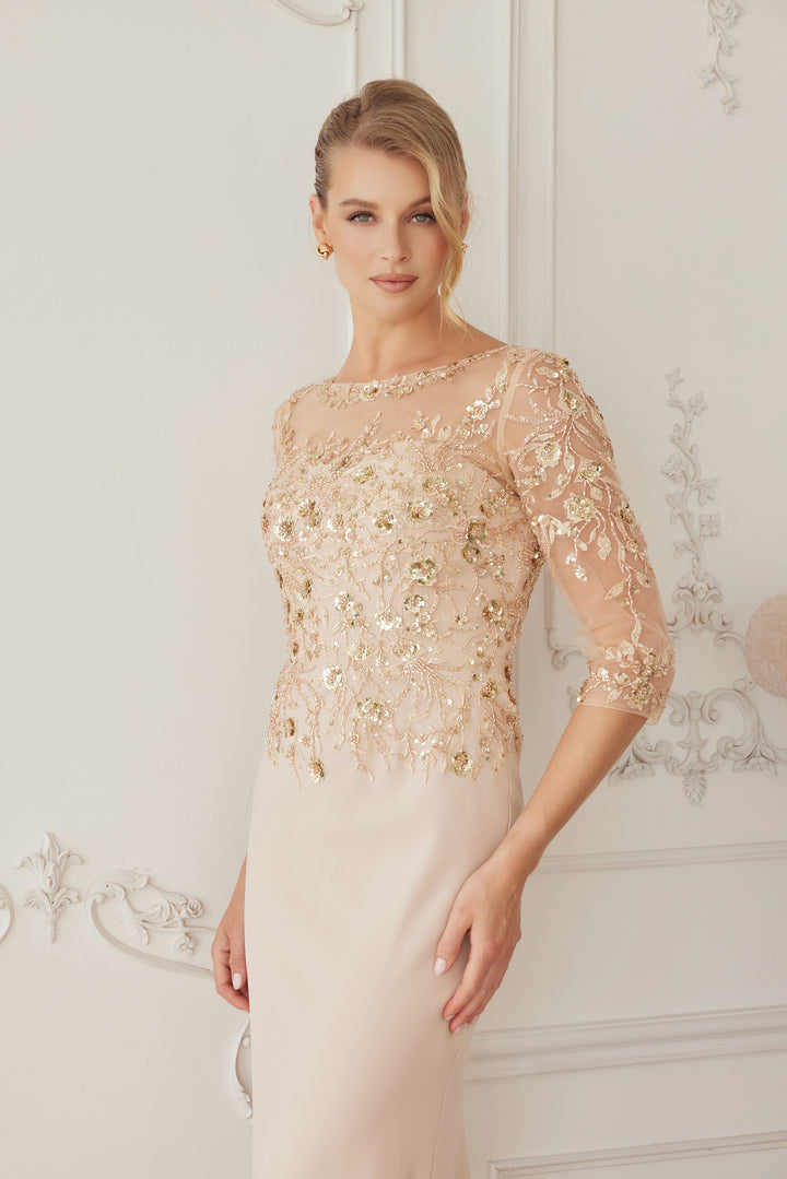 Beaded Fitted 3/4 Sleeve Gown by Nox Anabel MH159