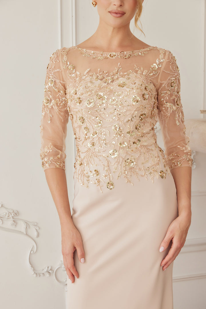 Beaded Fitted 3/4 Sleeve Gown by Nox Anabel MH159