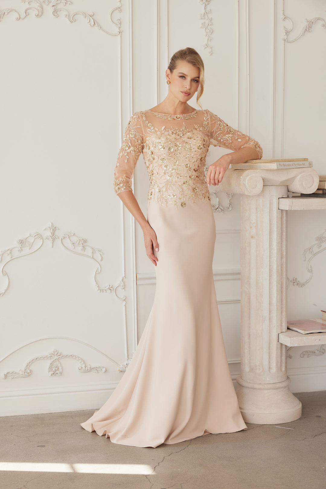Beaded Fitted 3/4 Sleeve Gown by Nox Anabel MH159