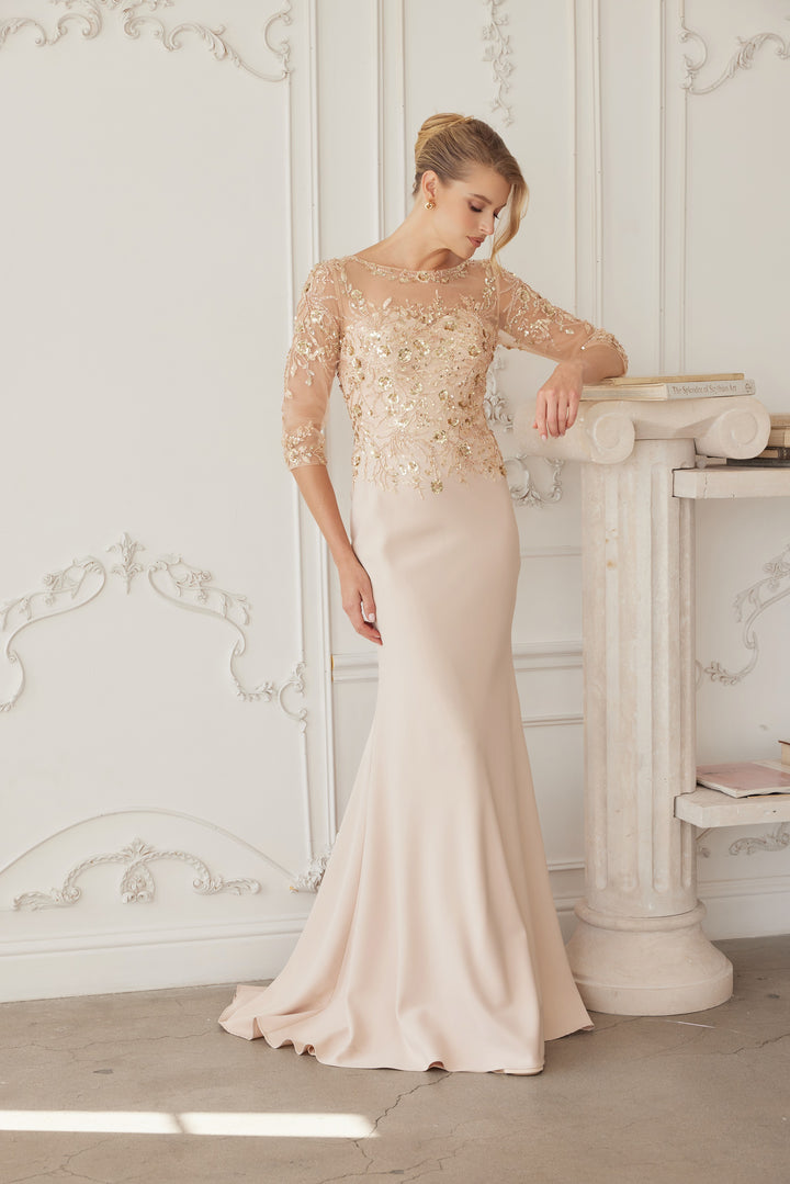 Beaded Fitted 3/4 Sleeve Gown by Nox Anabel MH159