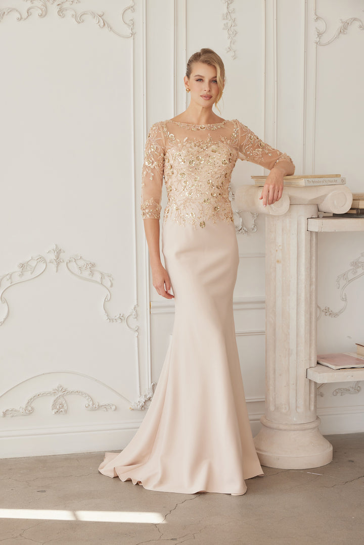 Beaded Fitted 3/4 Sleeve Gown by Nox Anabel MH159
