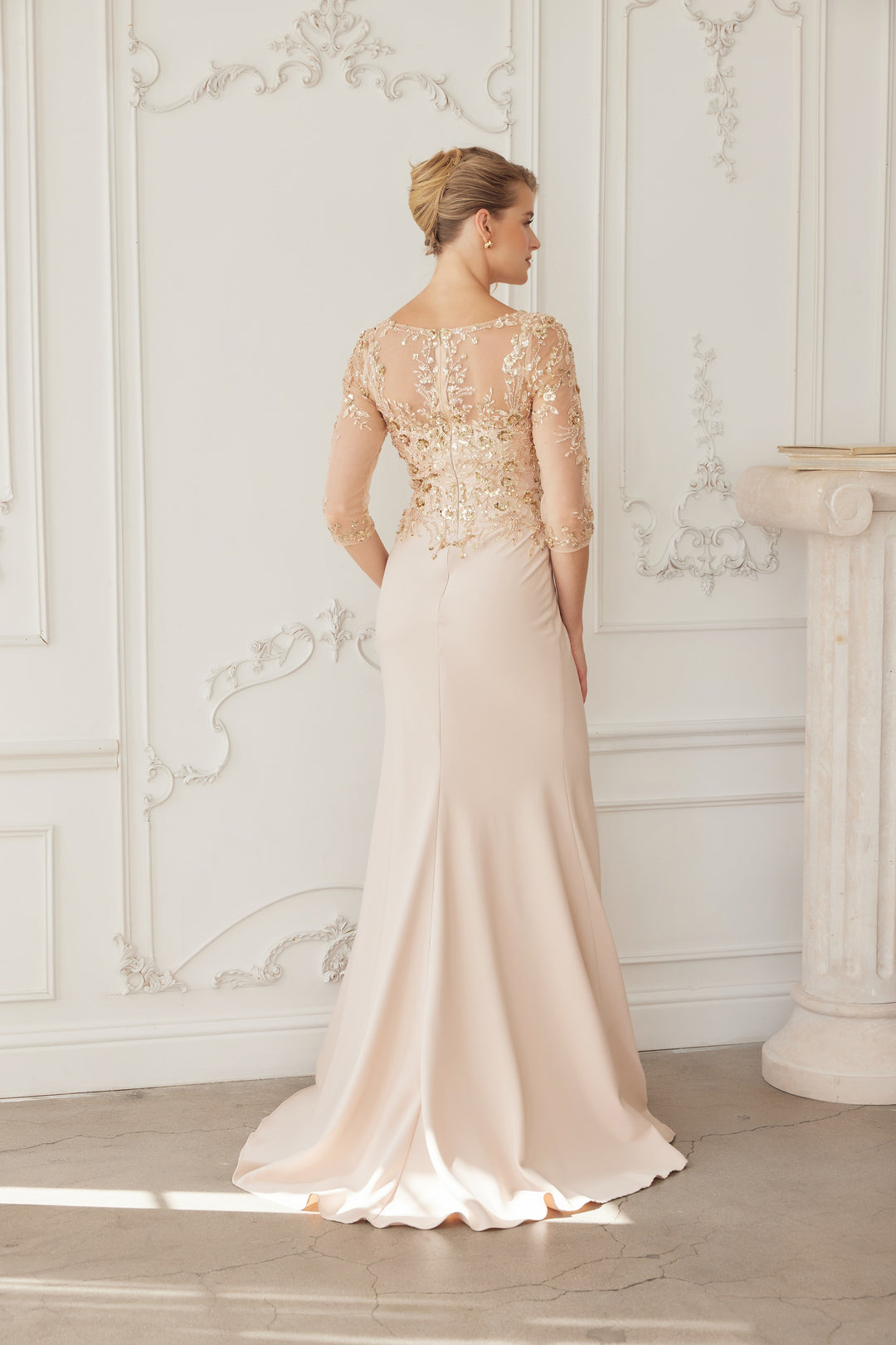 Beaded Fitted 3/4 Sleeve Gown by Nox Anabel MH159
