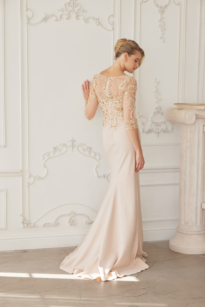 Beaded Fitted 3/4 Sleeve Gown by Nox Anabel MH159