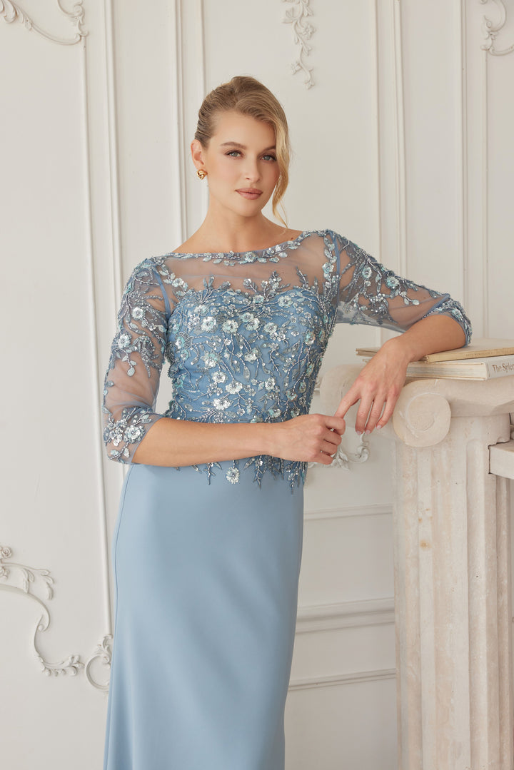 Beaded Fitted 3/4 Sleeve Gown by Nox Anabel MH159