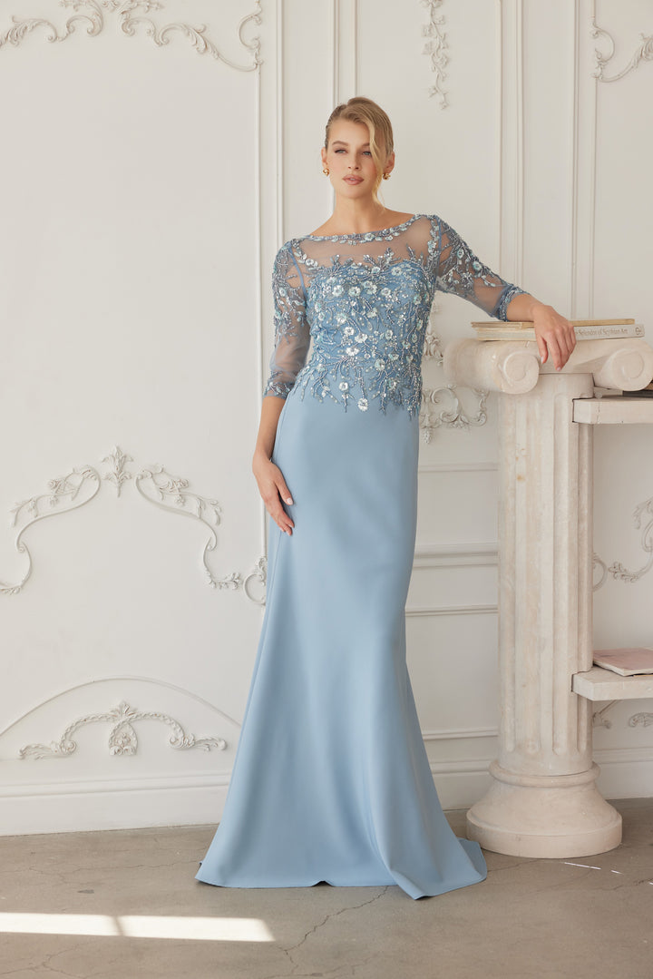 Beaded Fitted 3/4 Sleeve Gown by Nox Anabel MH159