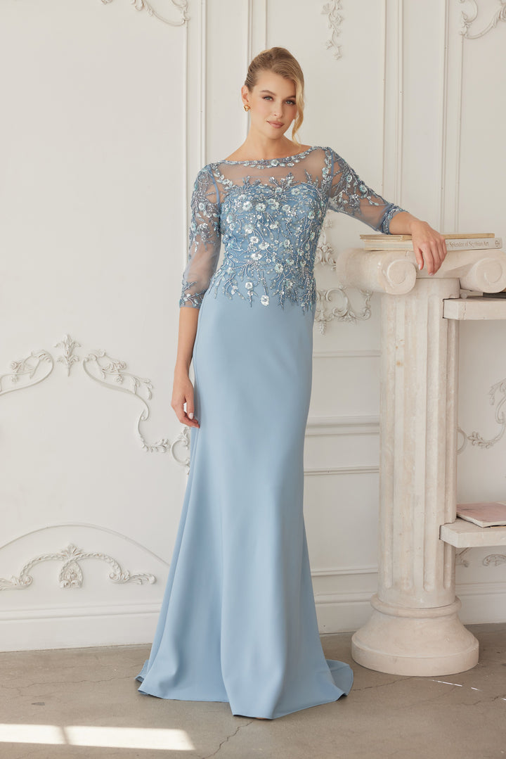 Beaded Fitted 3/4 Sleeve Gown by Nox Anabel MH159