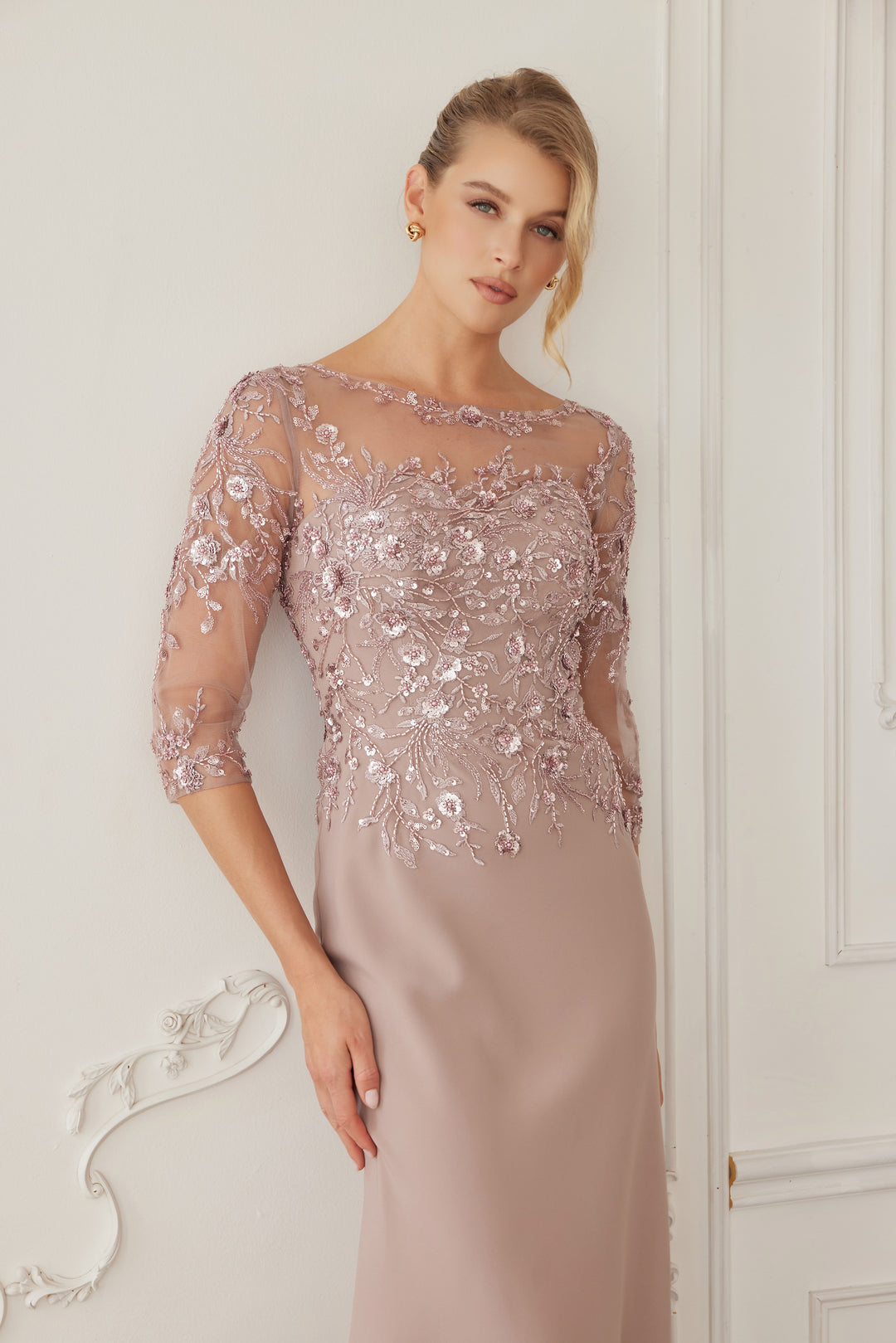 Beaded Fitted 3/4 Sleeve Gown by Nox Anabel MH159