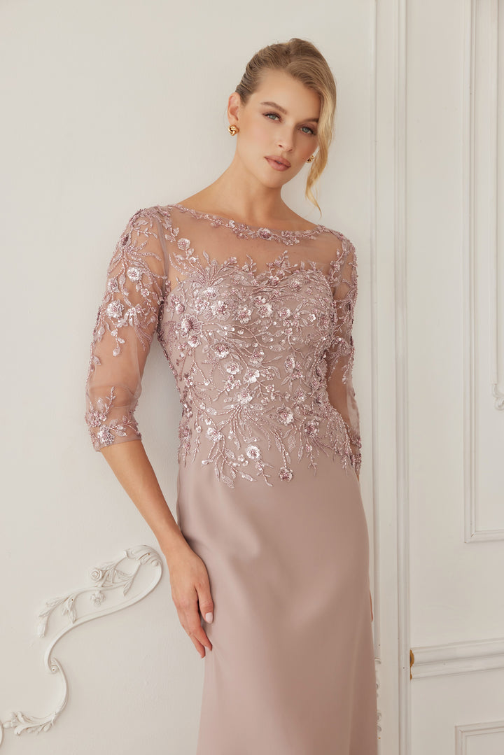 Beaded Fitted 3/4 Sleeve Gown by Nox Anabel MH159