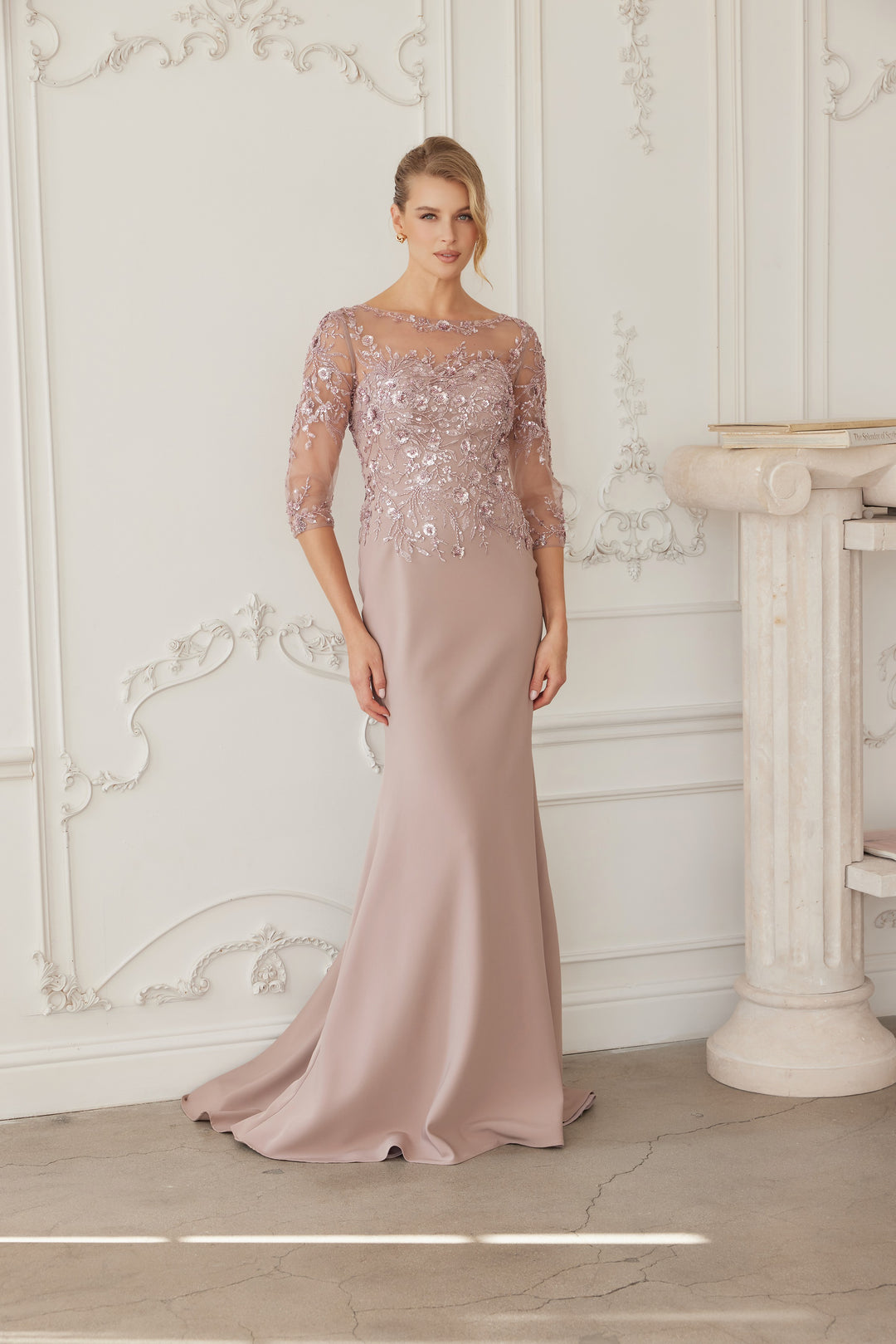 Beaded Fitted 3/4 Sleeve Gown by Nox Anabel MH159 18W / Smoky Blue