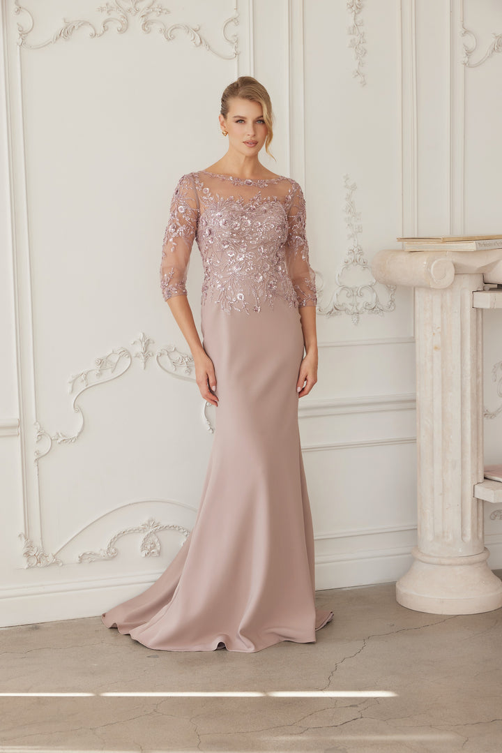 Beaded Fitted 3/4 Sleeve Gown by Nox Anabel MH159