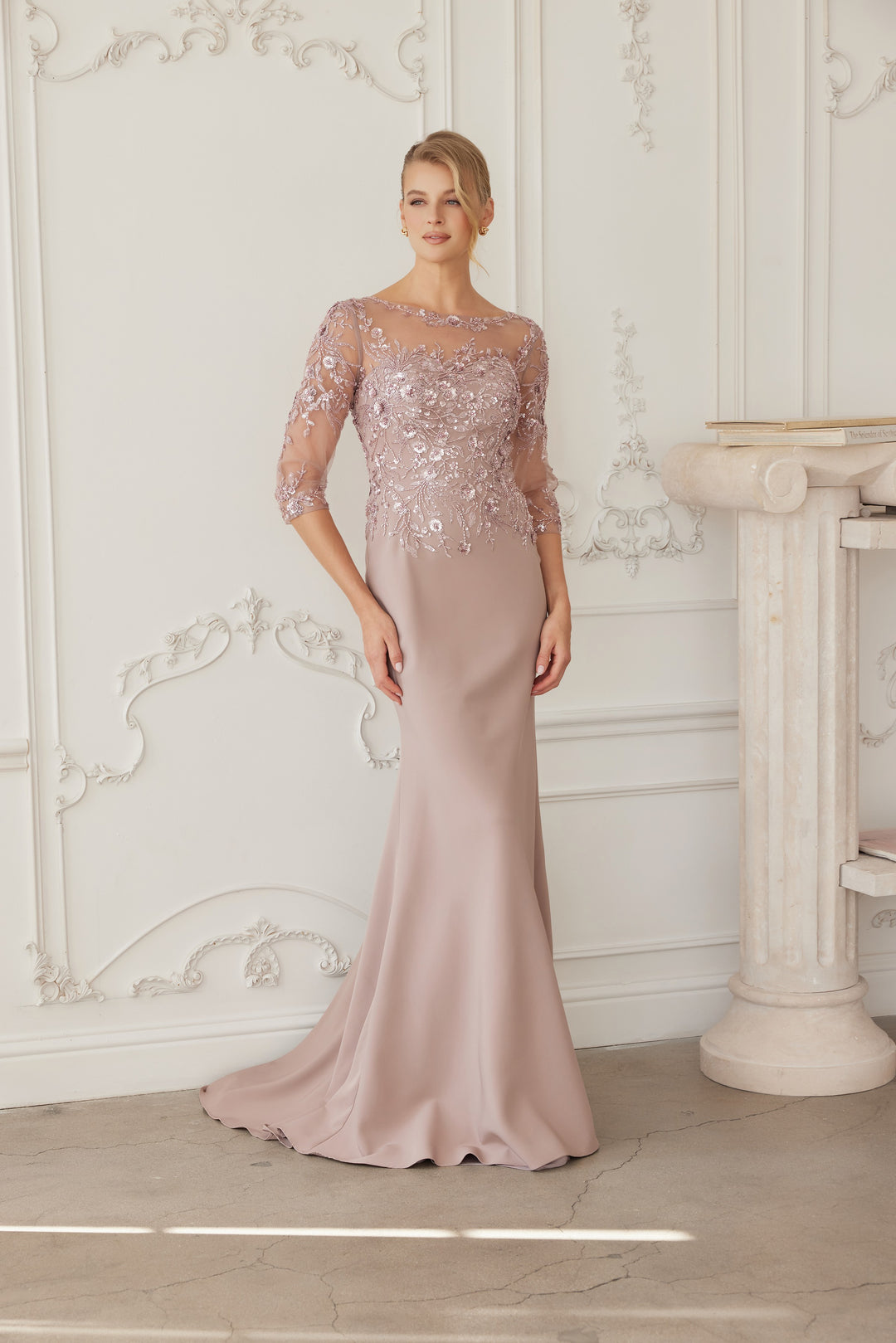Beaded Fitted 3/4 Sleeve Gown by Nox Anabel MH159