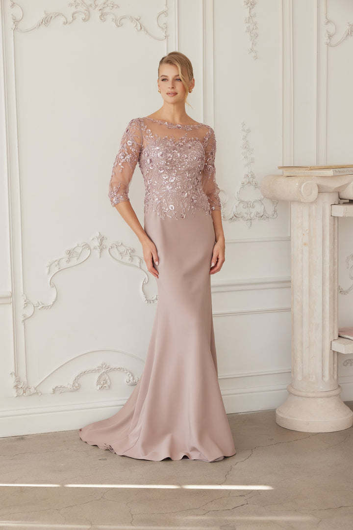 Beaded Fitted 3/4 Sleeve Gown by Nox Anabel MH159