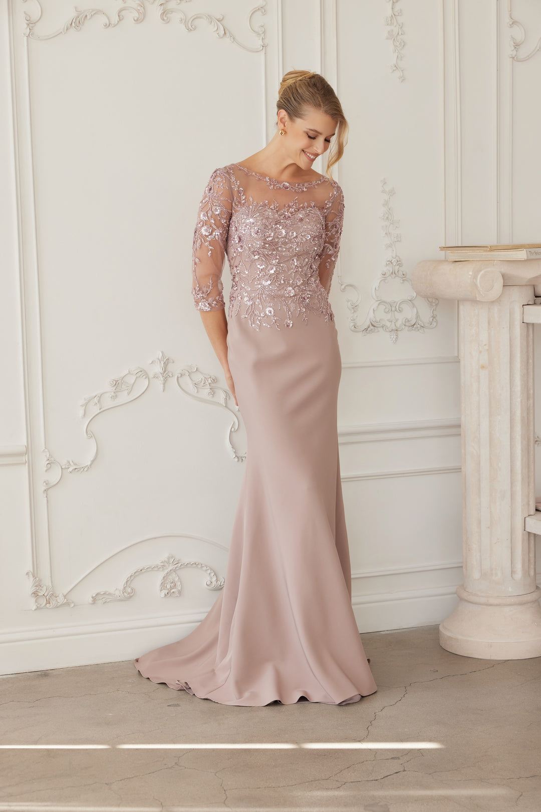 Beaded Fitted 3/4 Sleeve Gown by Nox Anabel MH159