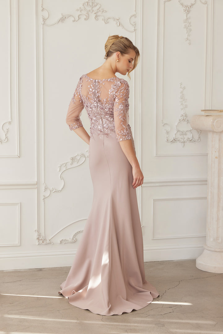 Beaded Fitted 3/4 Sleeve Gown by Nox Anabel MH159