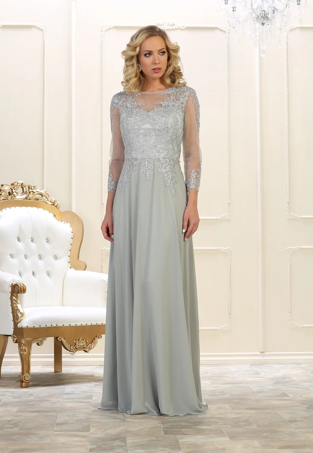 Applique Long Sleeve A-line Gown by May Queen MQ1549