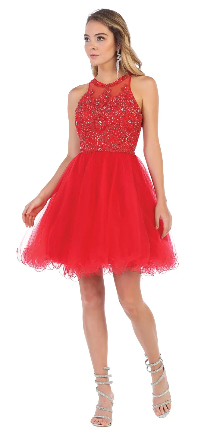 Applique Short Halter Ruffled Dress by May Queen MQ1643