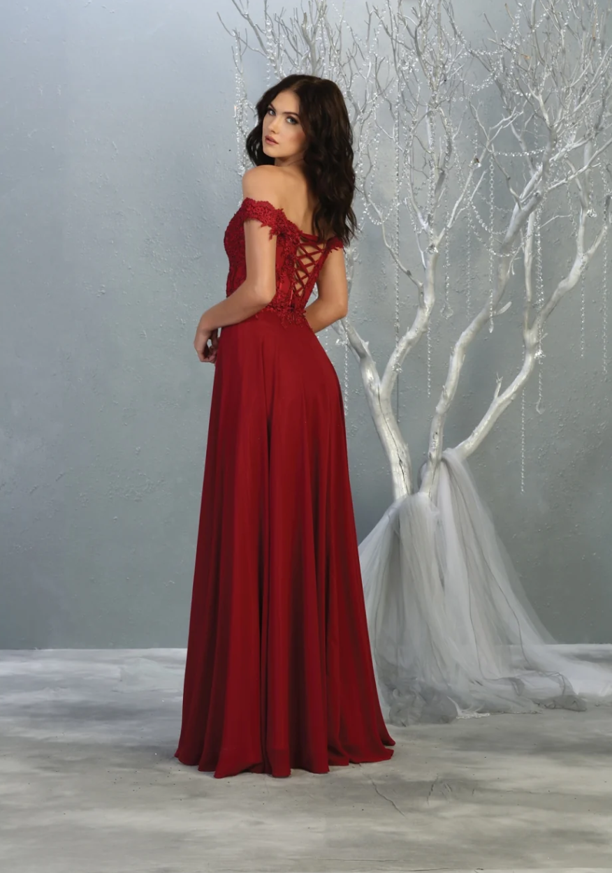 Applique Off Shoulder A-line Gown by May Queen MQ1714