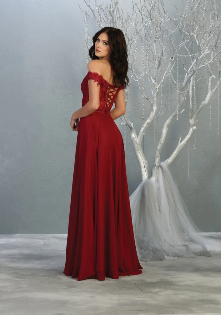 Applique Off Shoulder A-line Gown by May Queen MQ1714