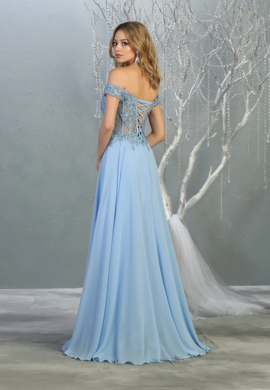 Applique Off Shoulder A-line Gown by May Queen MQ1714