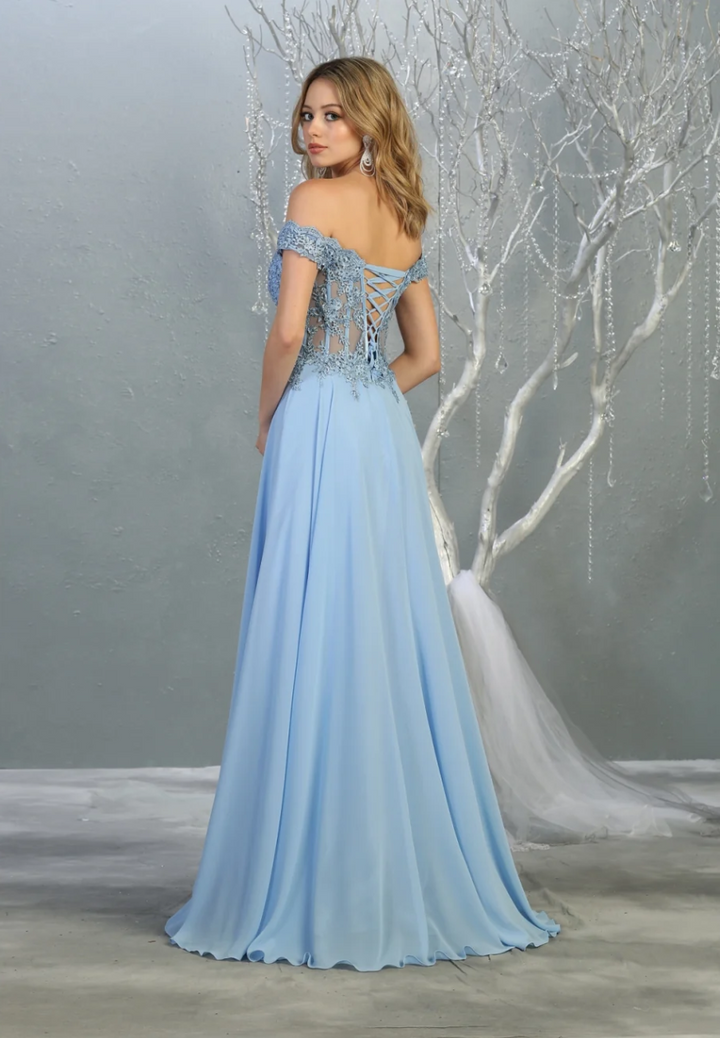 Applique Off Shoulder A-line Gown by May Queen MQ1714