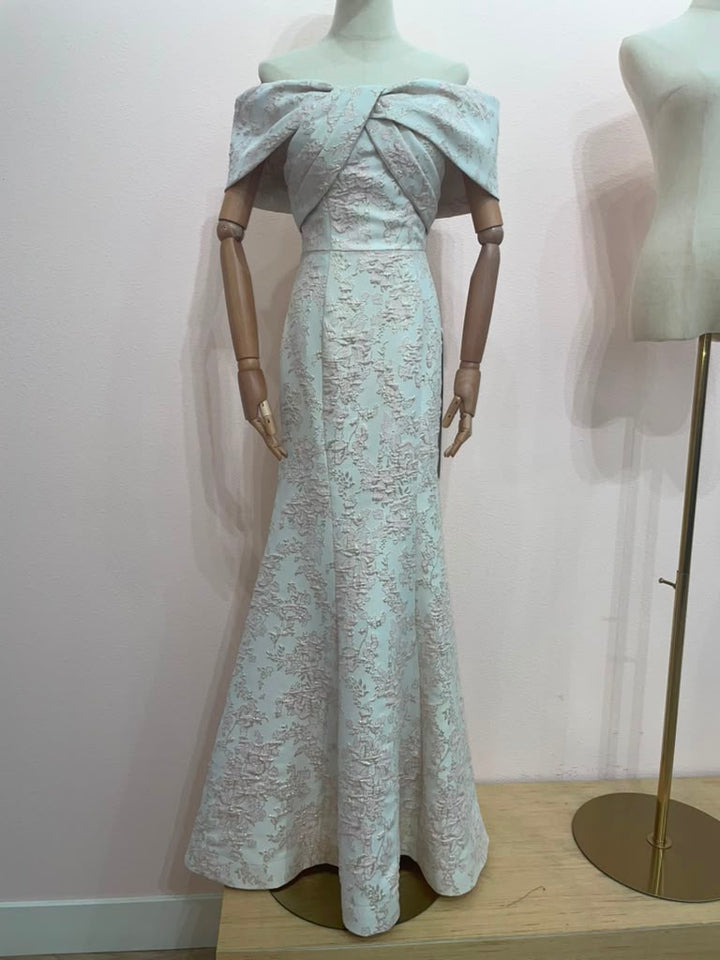 Jacquard Fitted Off Shoulder Gown by Nox Anabel MT154