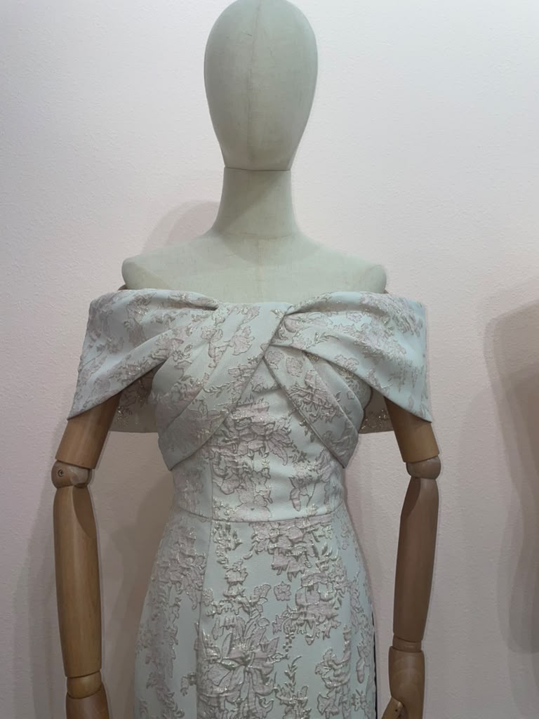 Jacquard Fitted Off Shoulder Gown by Nox Anabel MT154