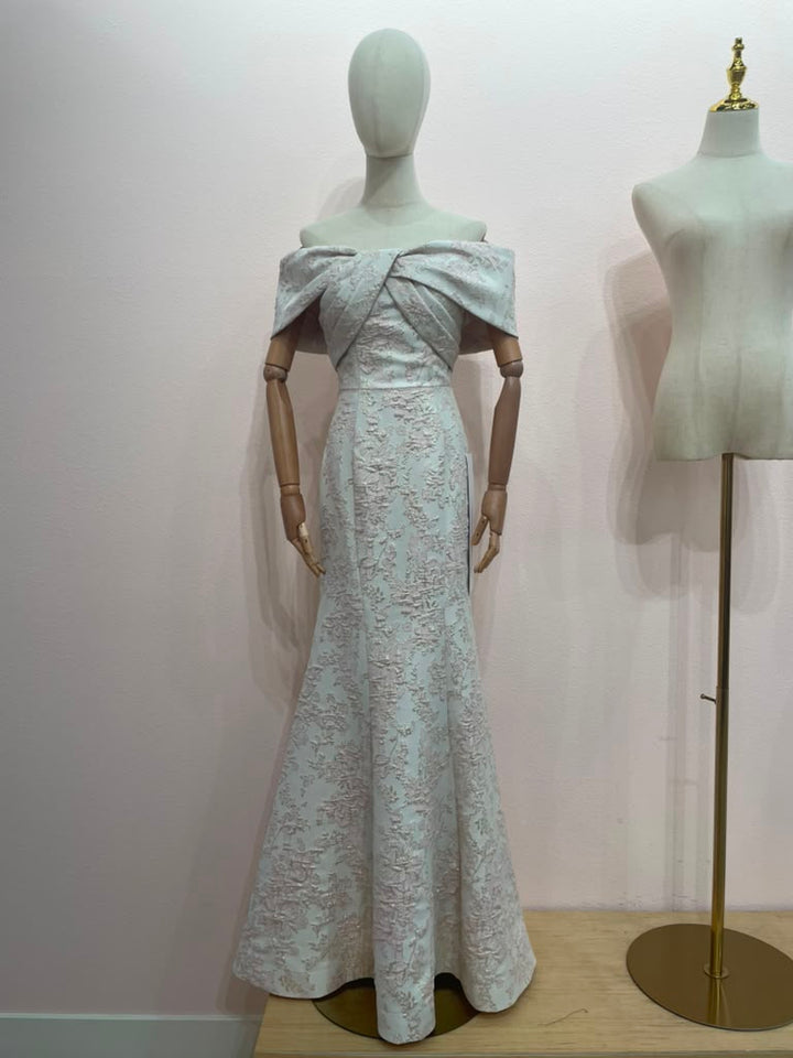 Jacquard Fitted Off Shoulder Gown by Nox Anabel MT154