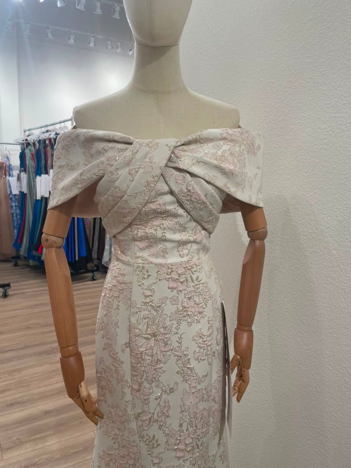 Jacquard Fitted Off Shoulder Gown by Nox Anabel MT154