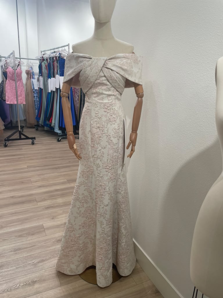 Jacquard Fitted Off Shoulder Gown by Nox Anabel MT154