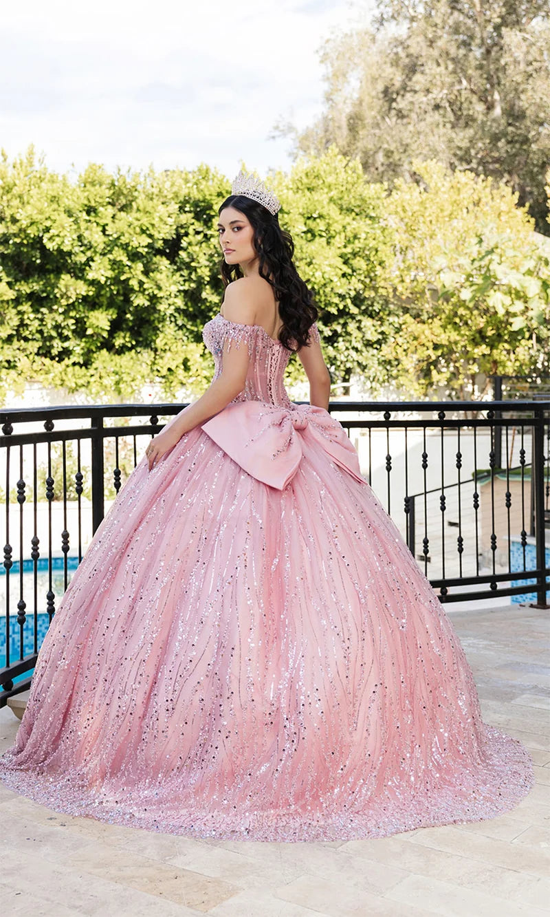 Off Shoulder Fringe Ball Gown by May Queen LK264