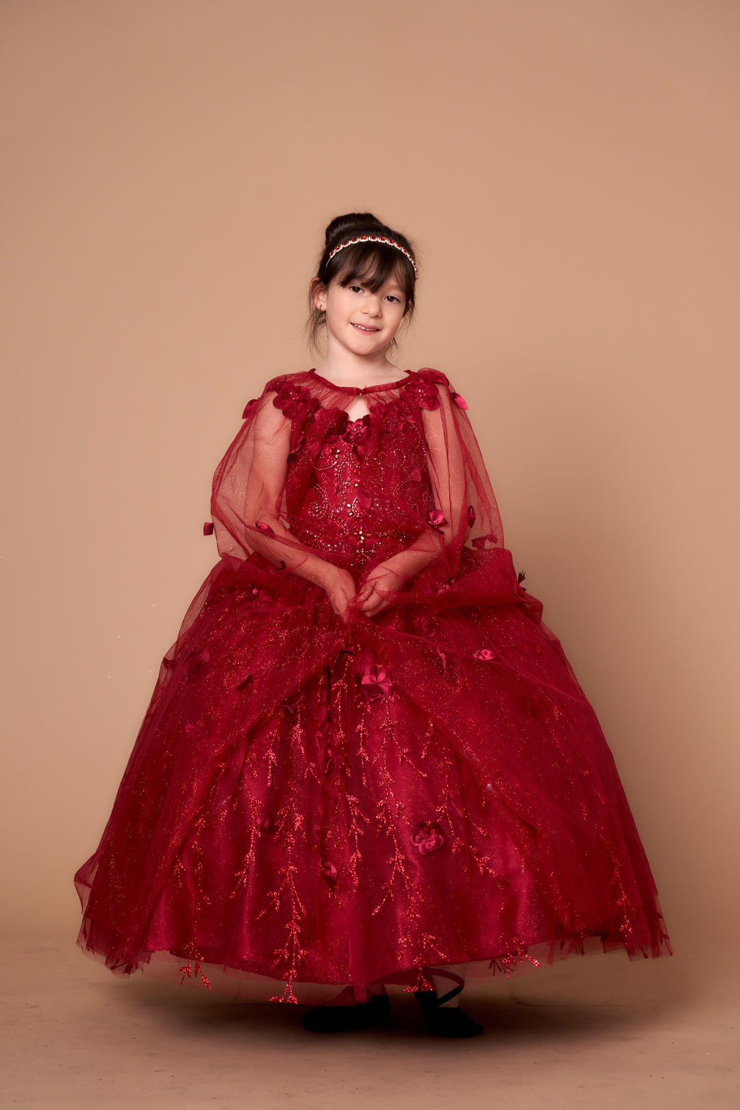 Girls 3D Floral Sleeveless Cape Gown by Calla SCK301
