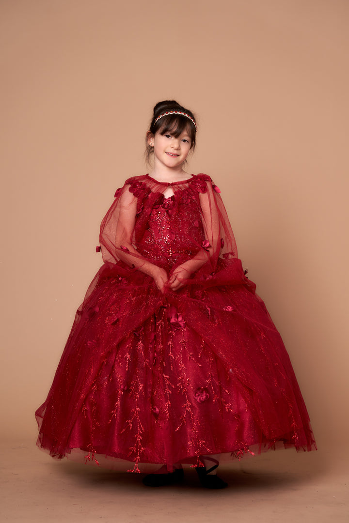 Girls 3D Floral Sleeveless Cape Gown by Calla SCK301