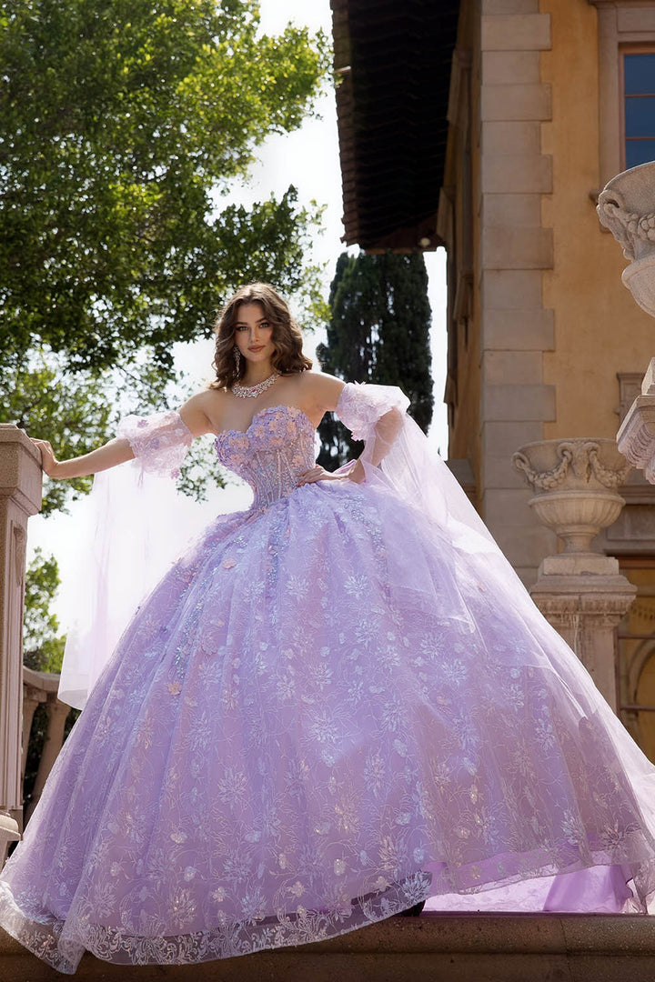 3D Floral Cape Sleeve Ball Gown by Petite Adele PQ1084