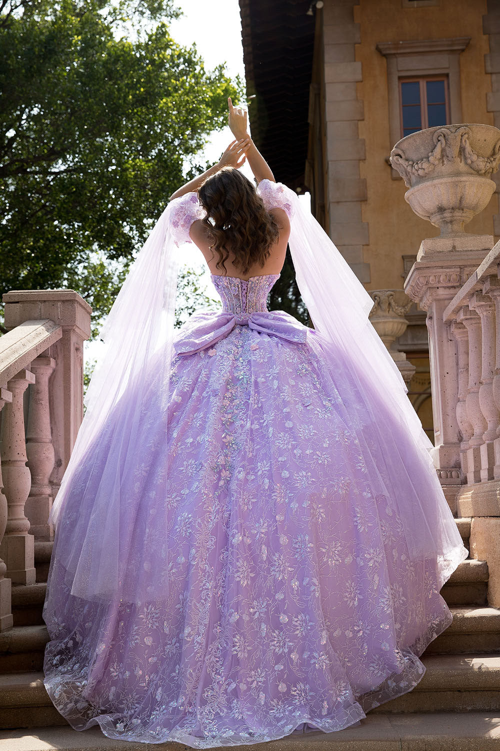 3D Floral Cape Sleeve Ball Gown by Petite Adele PQ1084