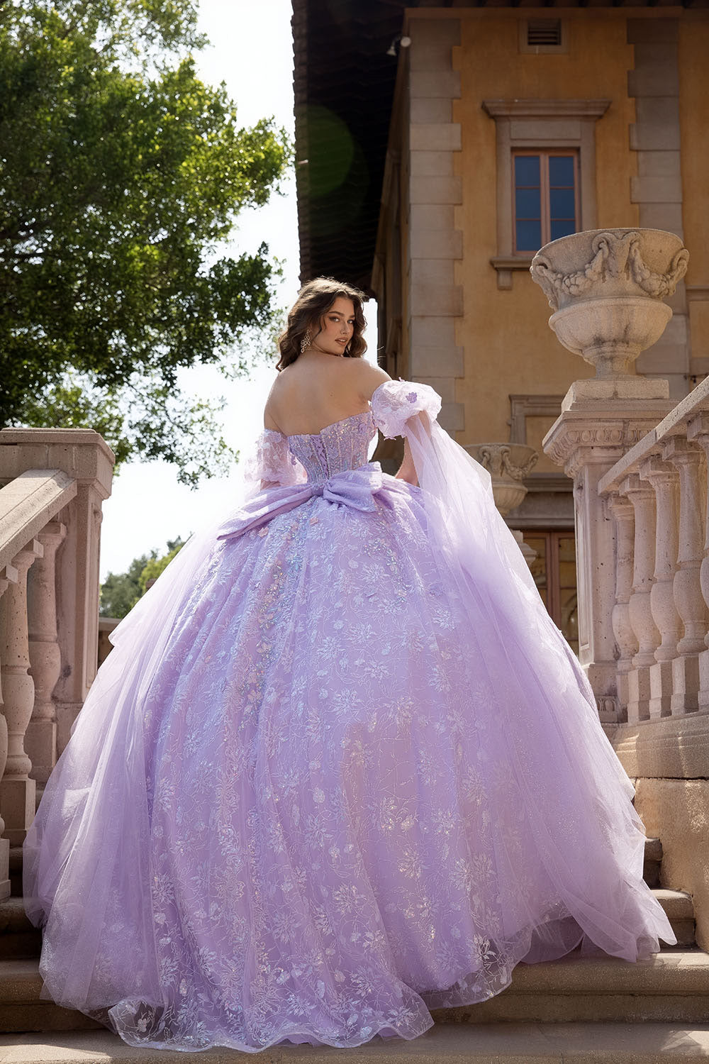 3D Floral Cape Sleeve Ball Gown by Petite Adele PQ1084