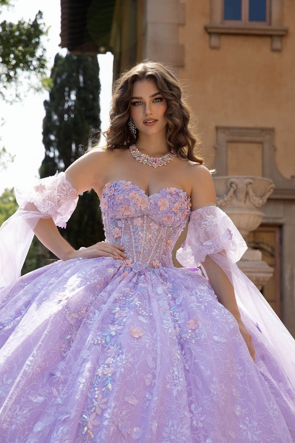 3D Floral Cape Sleeve Ball Gown by Petite Adele PQ1084