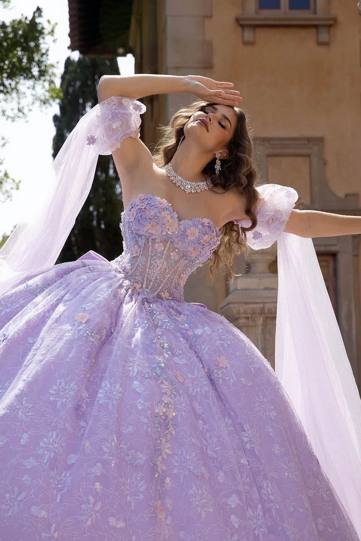 3D Floral Cape Sleeve Ball Gown by Petite Adele PQ1084