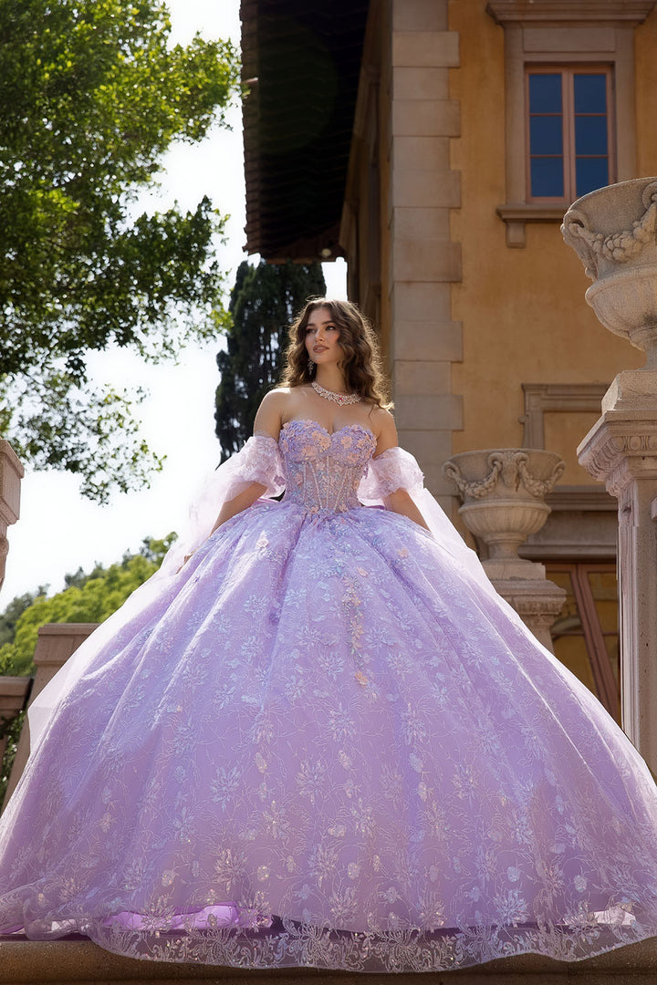 3D Floral Cape Sleeve Ball Gown by Petite Adele PQ1084