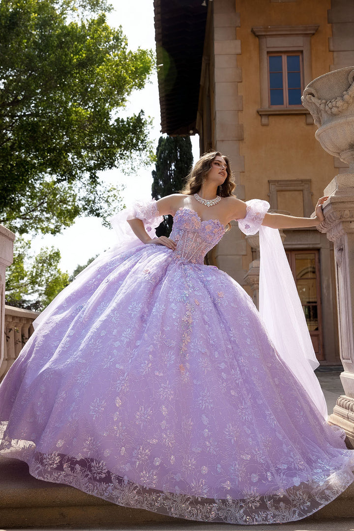 3D Floral Cape Sleeve Ball Gown by Petite Adele PQ1084