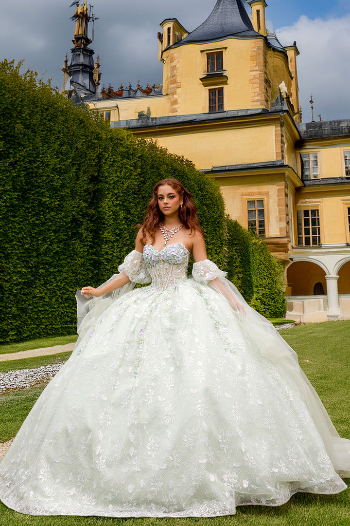3D Floral Cape Sleeve Ball Gown by Petite Adele PQ1084