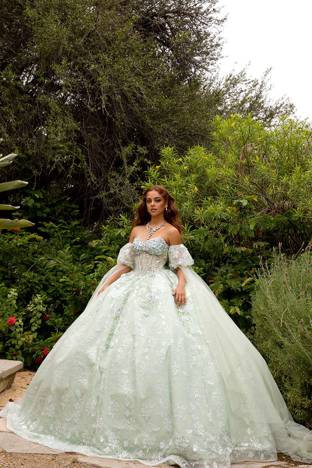 3D Floral Cape Sleeve Ball Gown by Petite Adele PQ1084