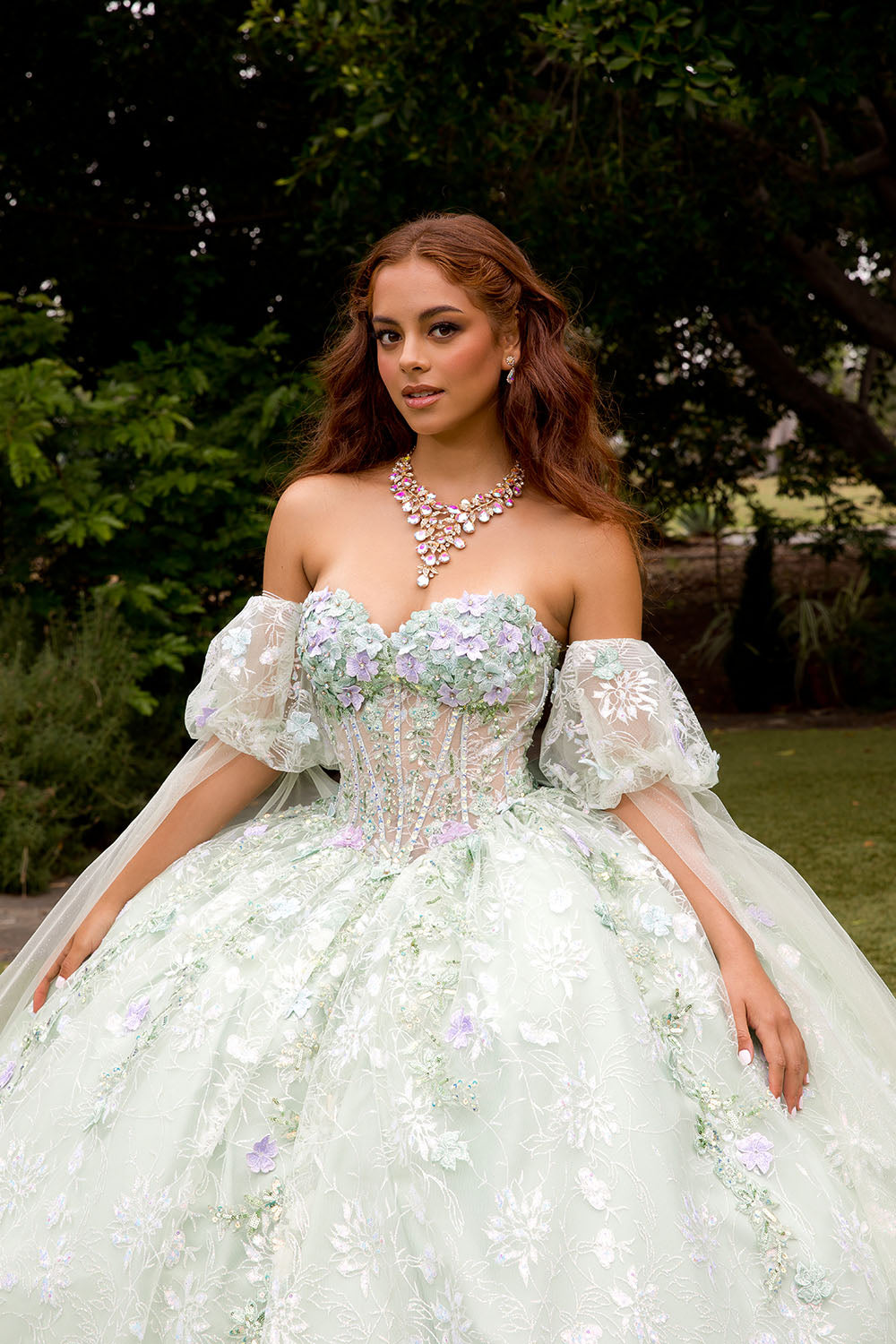 3D Floral Cape Sleeve Ball Gown by Petite Adele PQ1084
