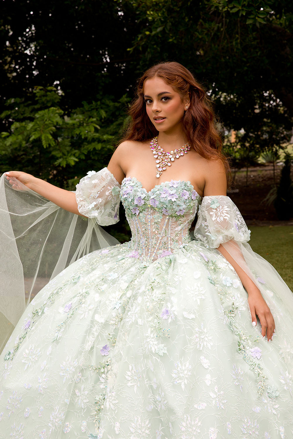 3D Floral Cape Sleeve Ball Gown by Petite Adele PQ1084