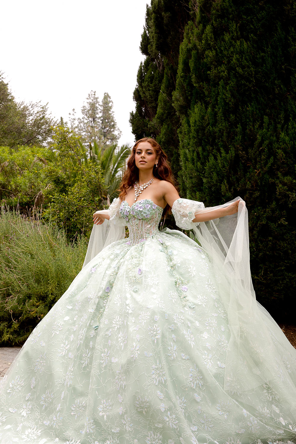 3D Floral Cape Sleeve Ball Gown by Petite Adele PQ1084