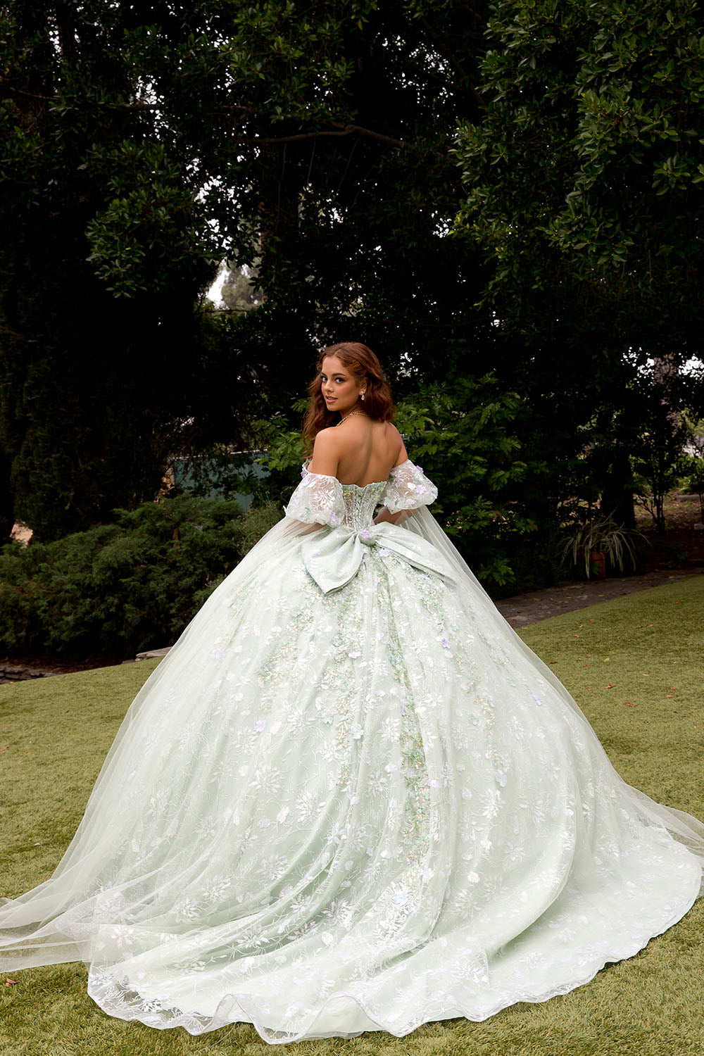 3D Floral Cape Sleeve Ball Gown by Petite Adele PQ1084