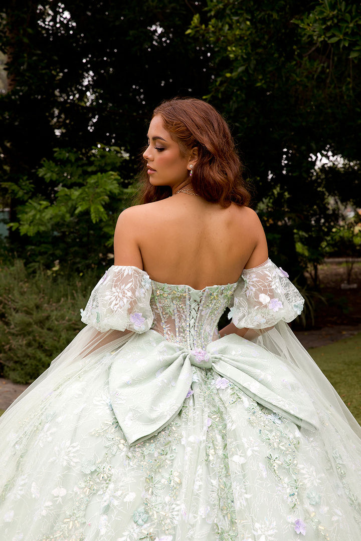 3D Floral Cape Sleeve Ball Gown by Petite Adele PQ1084