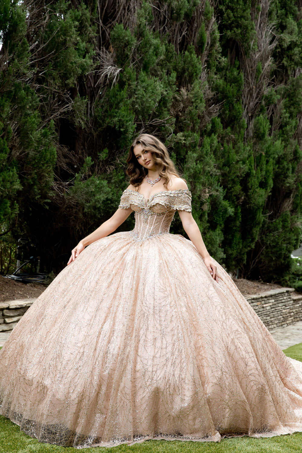 Off Shoulder Corset Ball Gown by Petite Adele PQ1087 XS / Rose Gold Off Shoulder Corset Ball Gown by Petite Adele PQ1087 XS / Rose Gold
