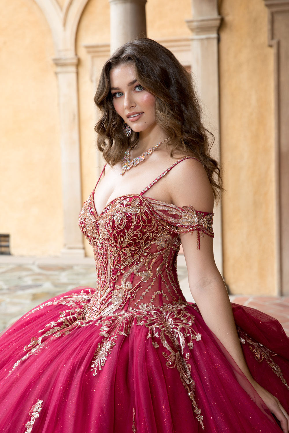 Beaded Off Shoulder Ball Gown by Petite Adele PQ1090 S / Dark Red/Gold Beaded Off Shoulder Ball Gown by Petite Adele PQ1090 S / Dark Red/Gold