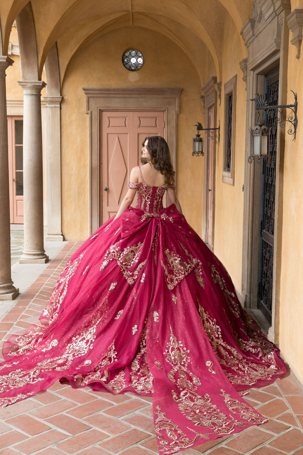 Beaded Off Shoulder Ball Gown by Petite Adele PQ1090 S / Dark Red/Gold Beaded Off Shoulder Ball Gown by Petite Adele PQ1090 S / Dark Red/Gold